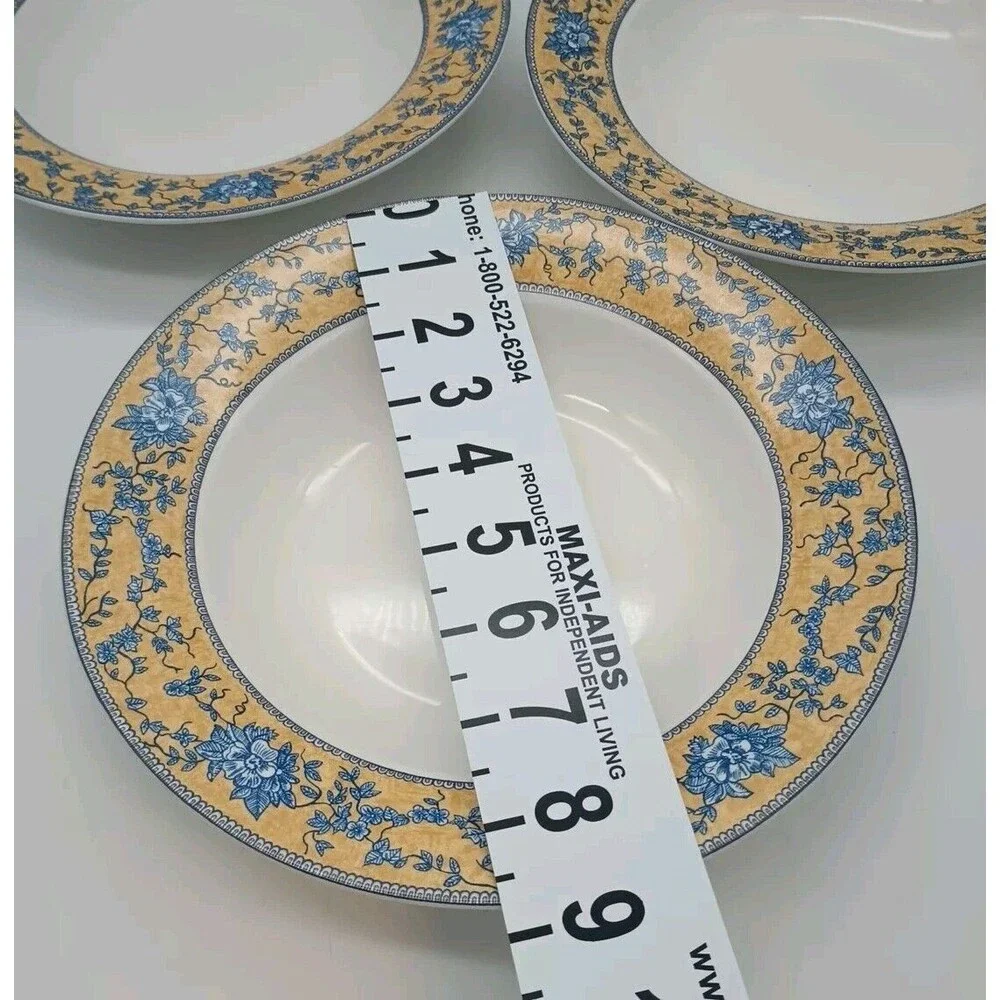 (3) AMERICAN ATELIER English Toile Rimmed Soup Bowls #5076 Porcelain Yellow Blue